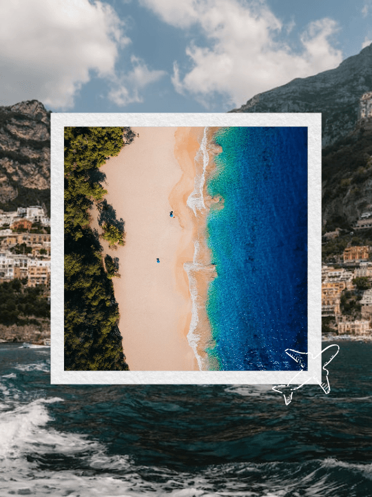 FRMZ travel collage with a beach photo layered over the Amalfi coast