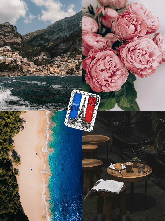 Four-photo collage with roses, a beach, a café, and a French postage stamp