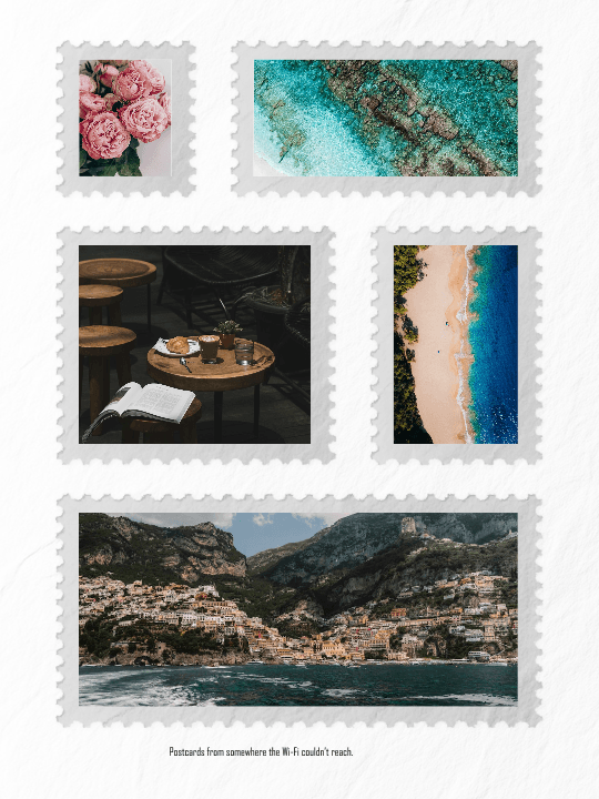 FRMZ postcard template collecting flowers, cafés, and coastal memories